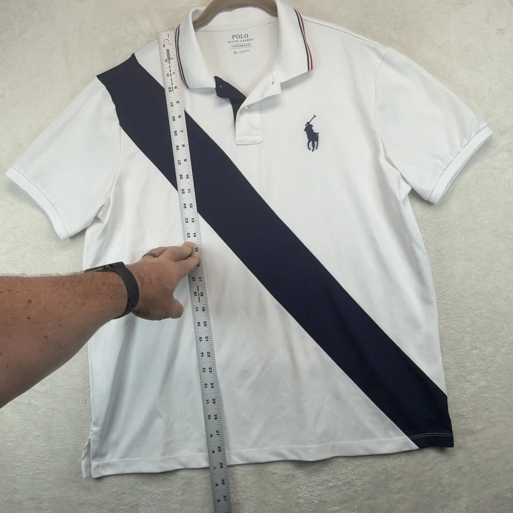 Polo Ralph Lauren Performance Polo Shirt Mens XL White Navy Stripe Golf Stretch